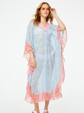 Roller Rabbit Vinca Sandia Floral Beach Cover Up Kaftan Pink Blue Size M/L